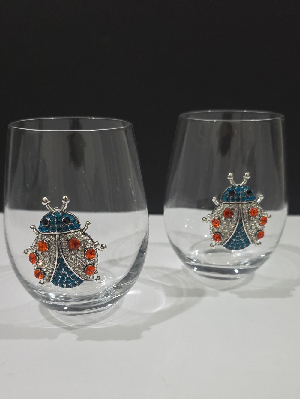 Rachel Zoe Ladybug Stemless Wine Glasses Charms - Rhinestones (Set of 2)